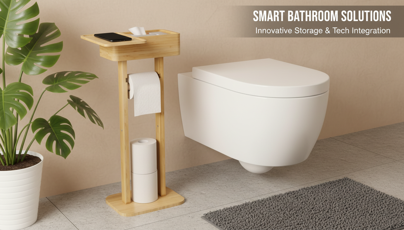 Bamboo 4-in-1 Toilet Paper Stand: Storage + Rotating Shelf