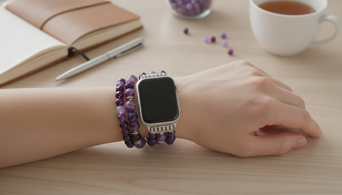 Purple Beaded Elastic Apple Watch Strap: Slip-On Style