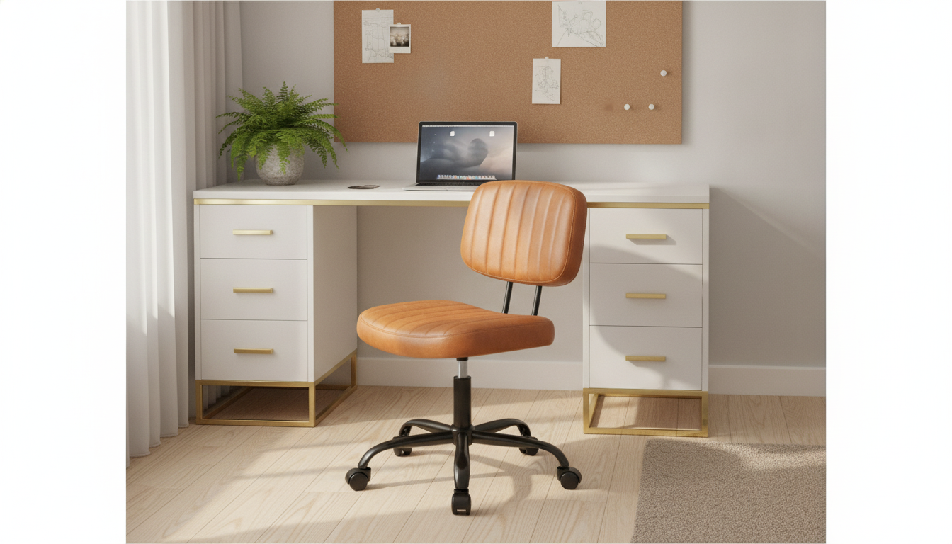Space-Saving Armless PU Leather Chair: Lumbar + Swivel