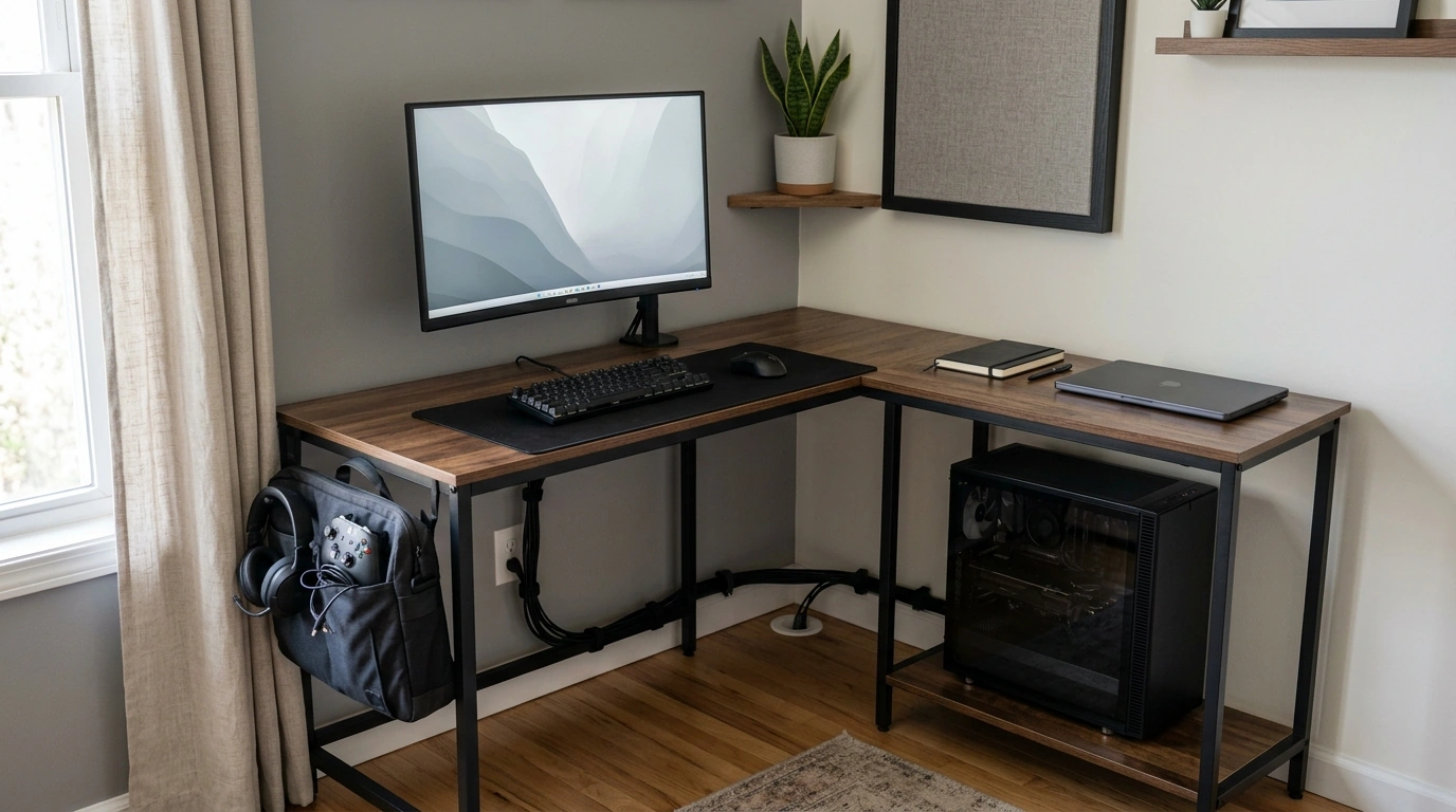 50-Inch L-Shaped Gaming Desk Setup: CPU Shelf & Side Bag