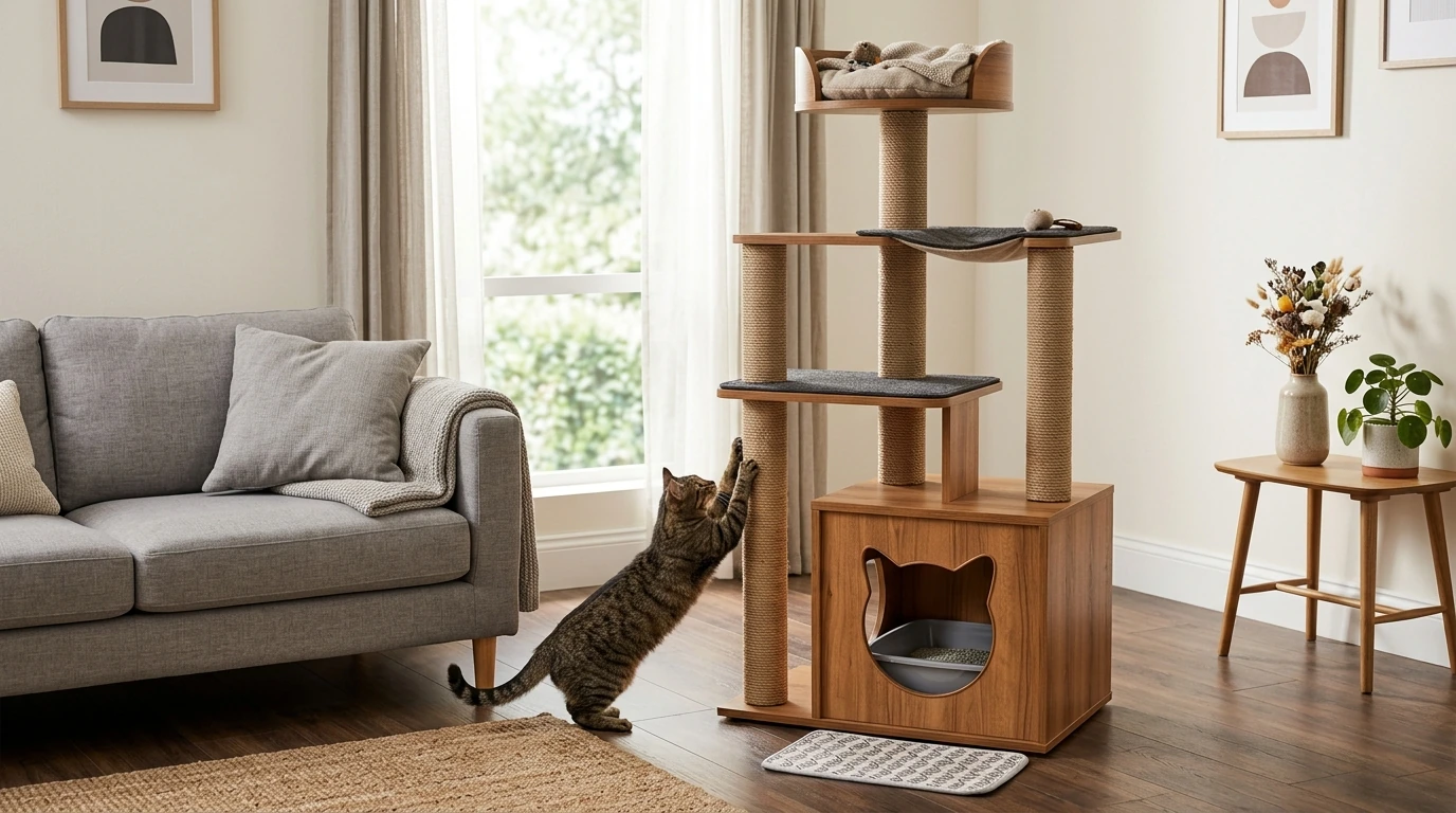 Wooden Cat Tree Tower with Hidden Litter Box & Posts