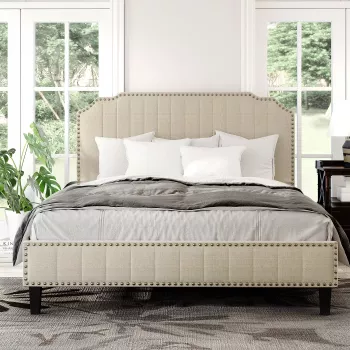 Modern Linen Platform Bed with Nailhead Trim Guide